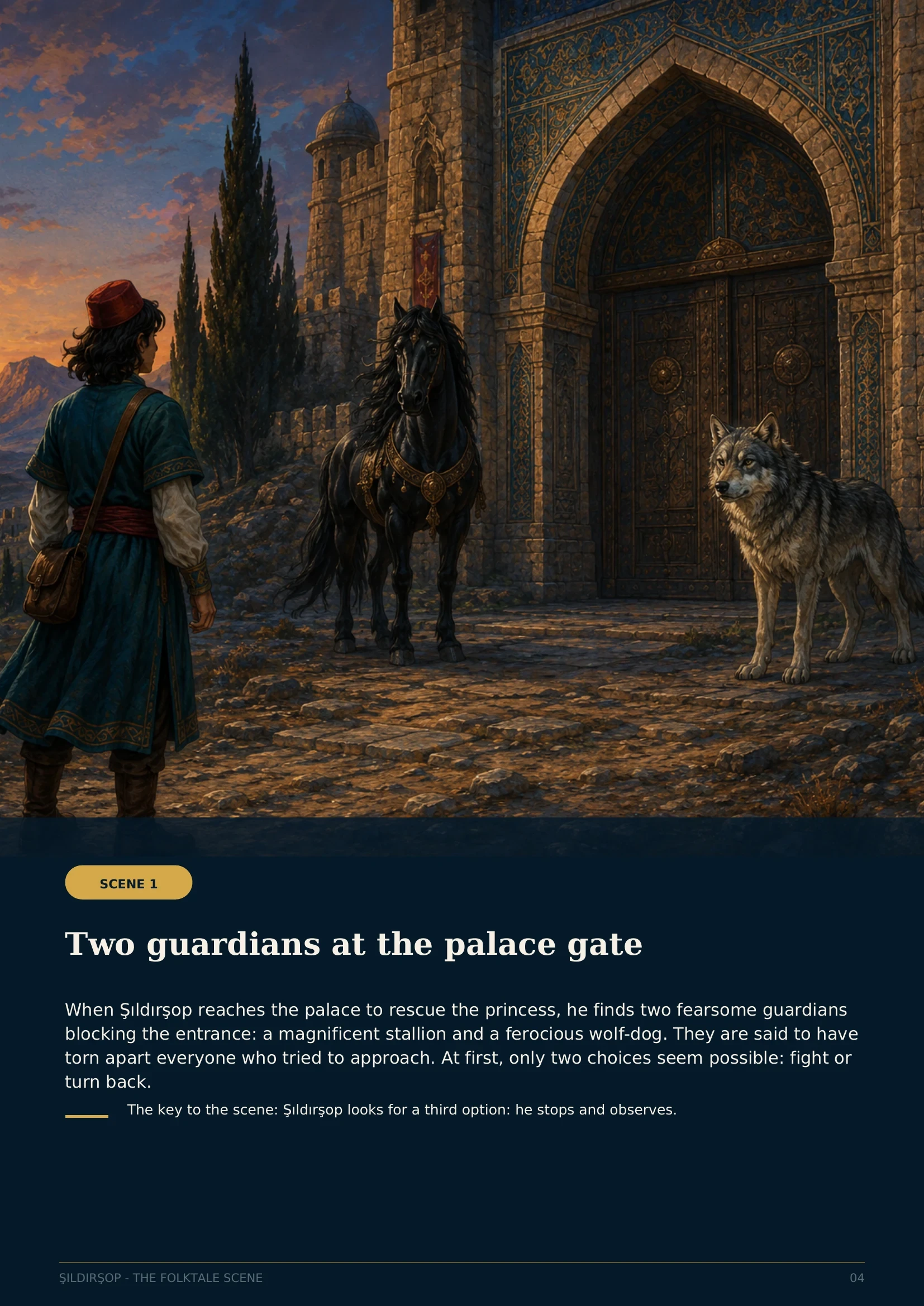 Şıldırşop facing a stallion and wolf-dog guarding the palace gate