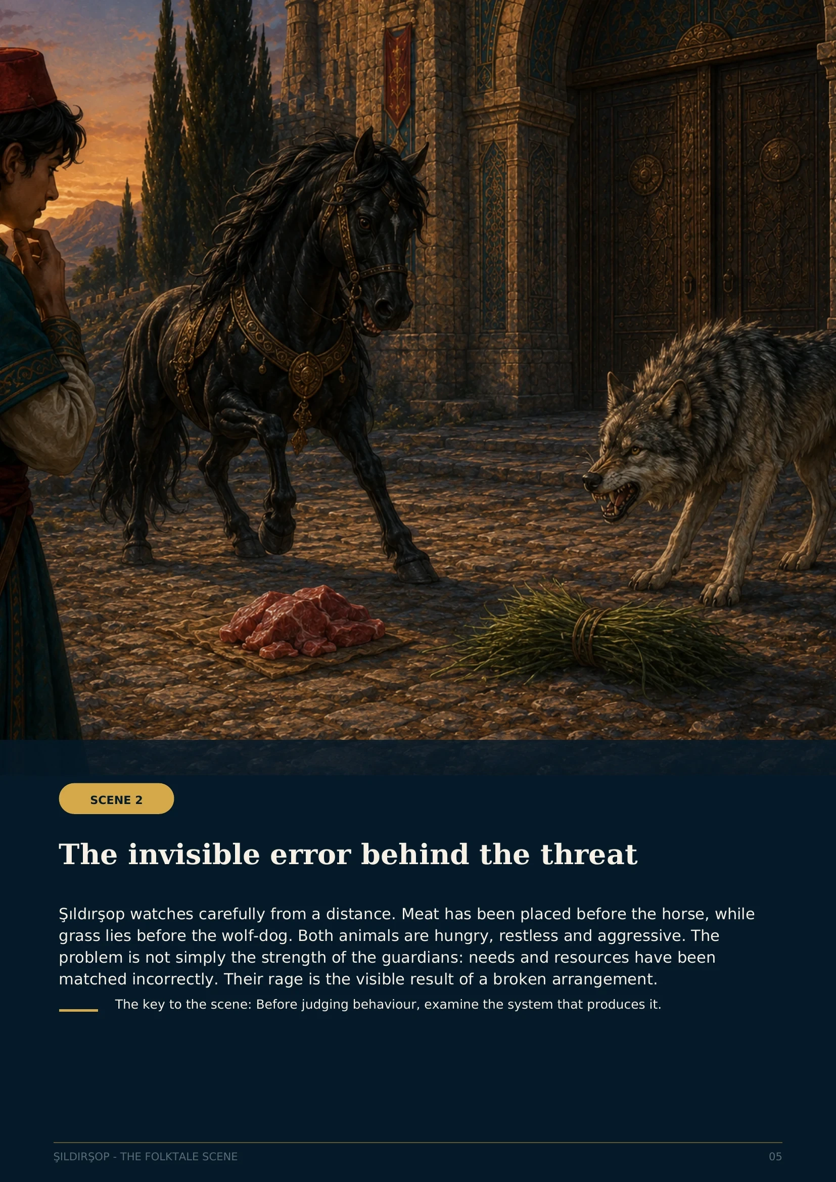 A stallion beside meat and a wolf-dog beside grass, revealing a mismatch between needs and resources