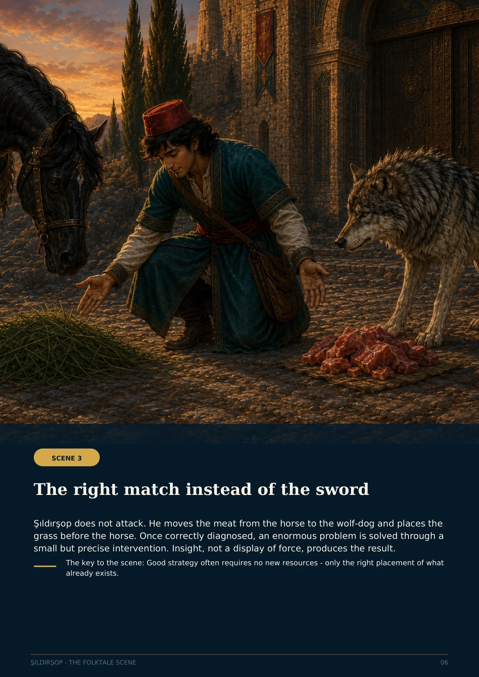 Şıldırşop correctly matching grass to the horse and meat to the wolf-dog