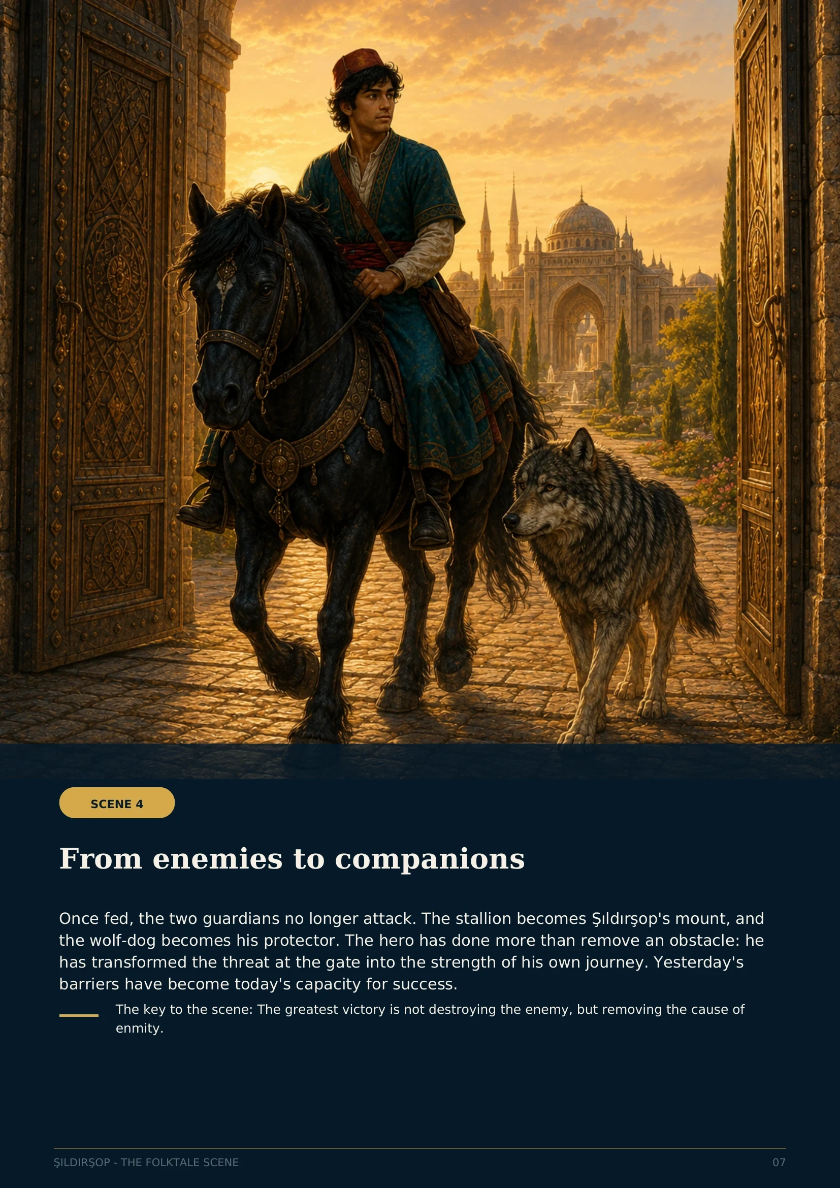 Şıldırşop leaving the palace gate with the stallion and wolf-dog as companions
